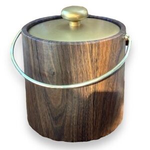 Vintage MCM Ice Bucket Faux Wood Grain w/ Lid & Gold Handle Mid Century …